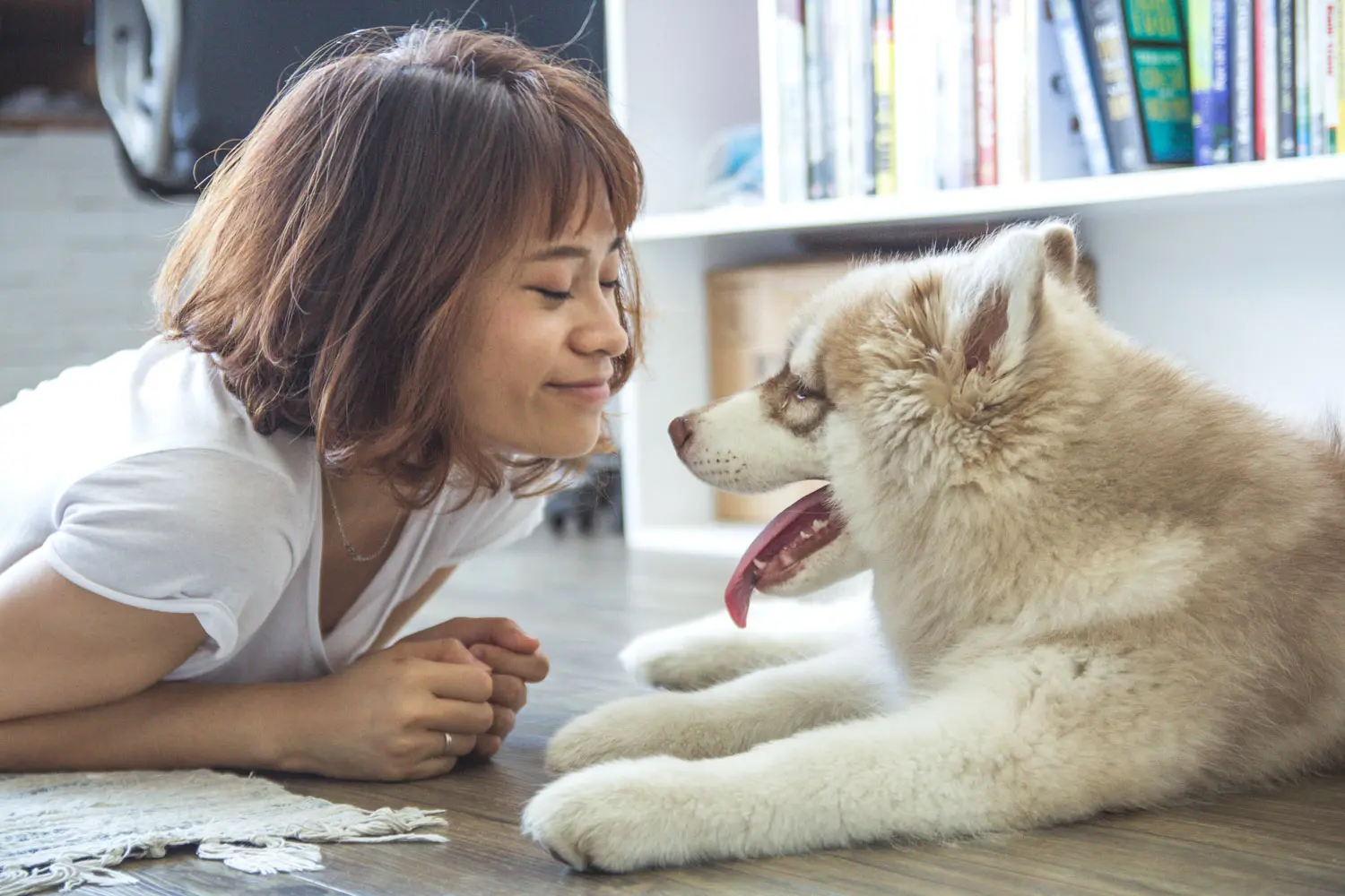 Woman lying on the floor face to face with orange husky
