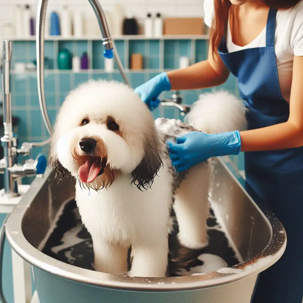 Poodle getting bath