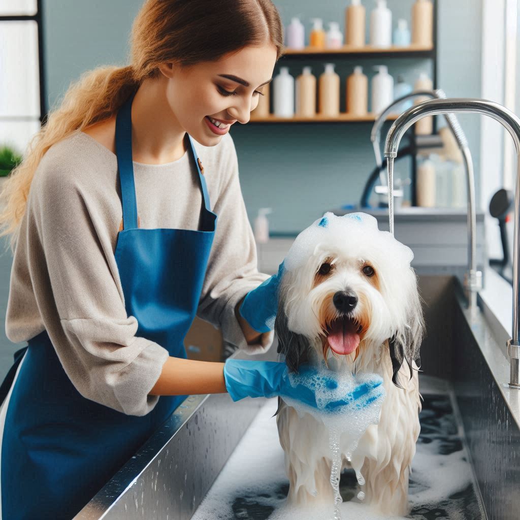 Groomer giving bath to dog